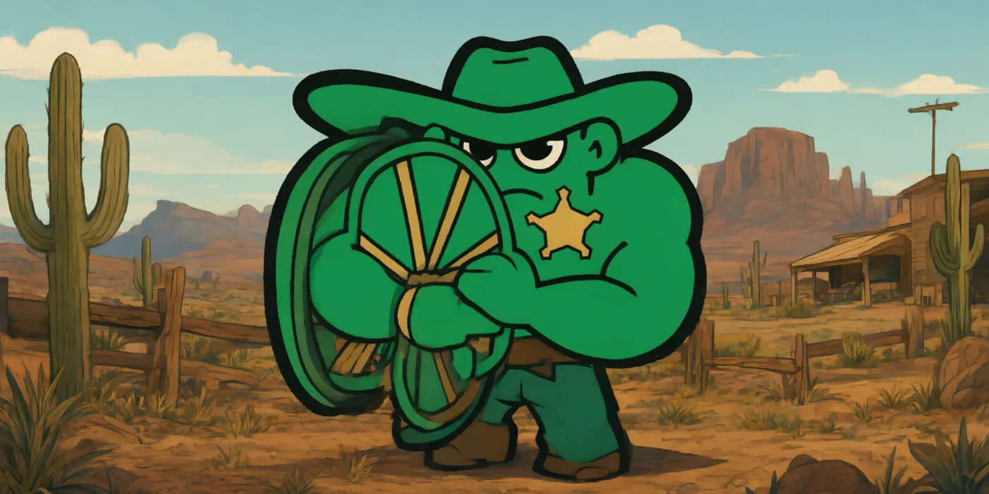 Sheriff Hood standing guard on the edge of a frontier town